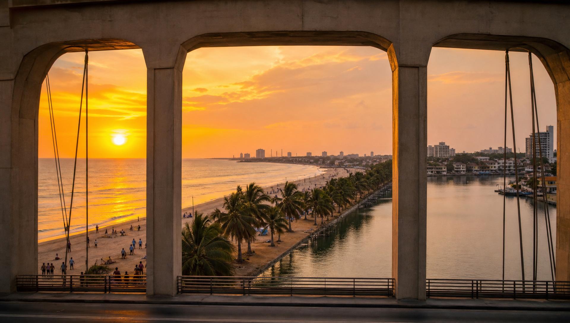 Lagos Bar Beach viewed through the arches of the Lekki-Ikoyi bridge at sunset